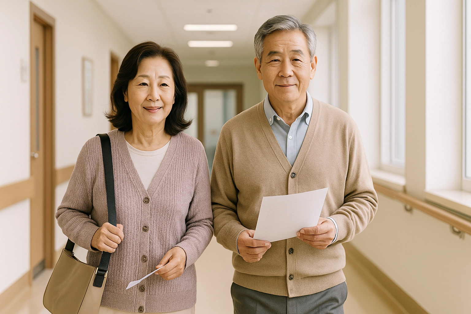 An elderly Korean couple walking together in a hospital corridor – 병원 복도에서 함께 걷는 노부부