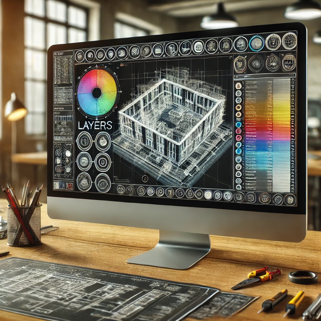 다양한 레이어 이름과 색상이 표시된 CAD 작업 공간에서 건축 도면을 보여주는 컴퓨터 화면.