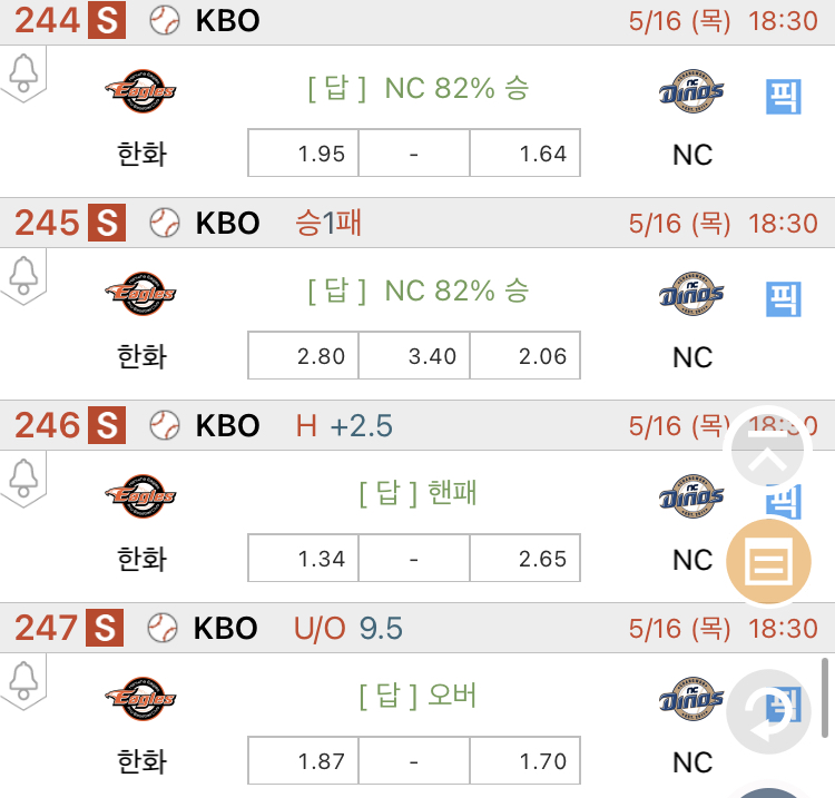 [진짜총판] 5월16일 한화 VS NC 야구분석