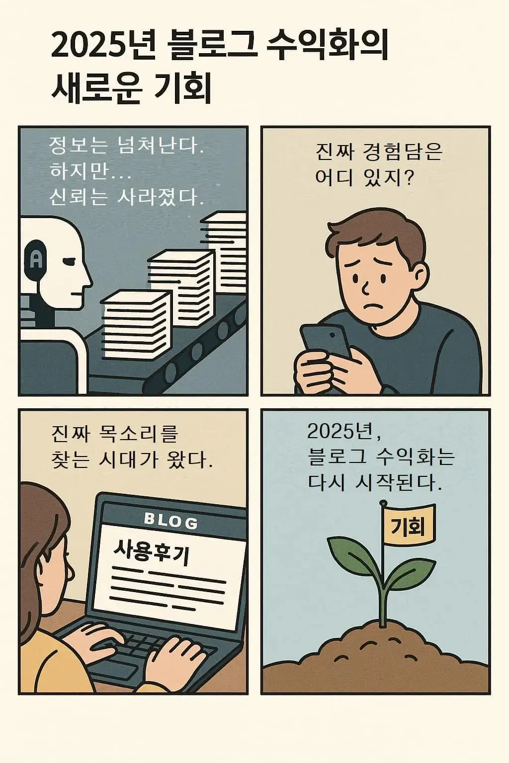 2025년 블로그 수익화의 새로운 기회를 주제로 한 4컷 웹툰: 정보 과잉, 독자 갈증, 블로그 신뢰 회복, 수익화 재도약을 표현