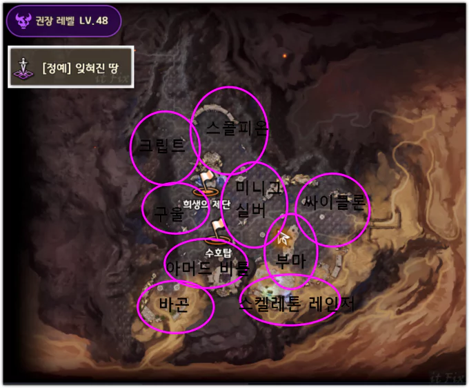  프리스톤테일m, 정예 잊혀진 땅 정예 몹 분포도