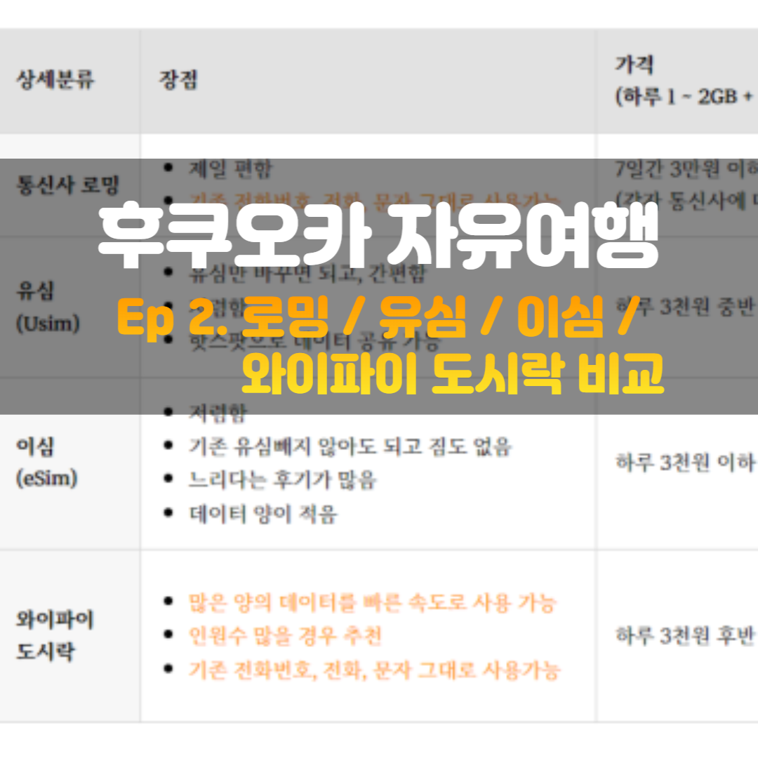   후쿠오카 자유여행 [2. 로밍, 유심, 이심, 와이파이도시락 비교]