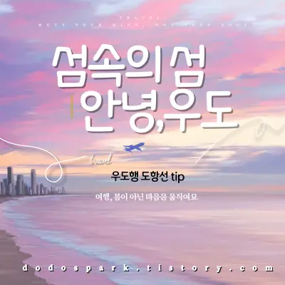 우도 도항선 팁이라는 문구와 비행기가 지나가는 노을지는 하늘과 바다