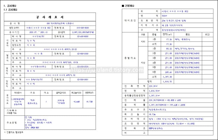 공사개요서-양식에-가상의-내용이-적혀있다.