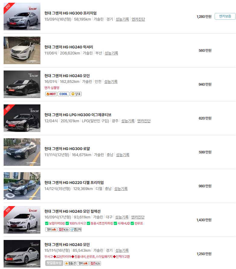 그랜저 HG(11~16년식) 중고차 가격