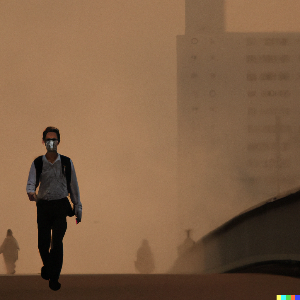 A photo of a person wearing a mask and walking in a place where fine dust is severe.