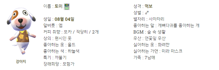 모동숲] 강아지(개) 주민 성격,말버릇 주민 리스트!