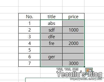 데이터 부분만 드래그해서 선택하기