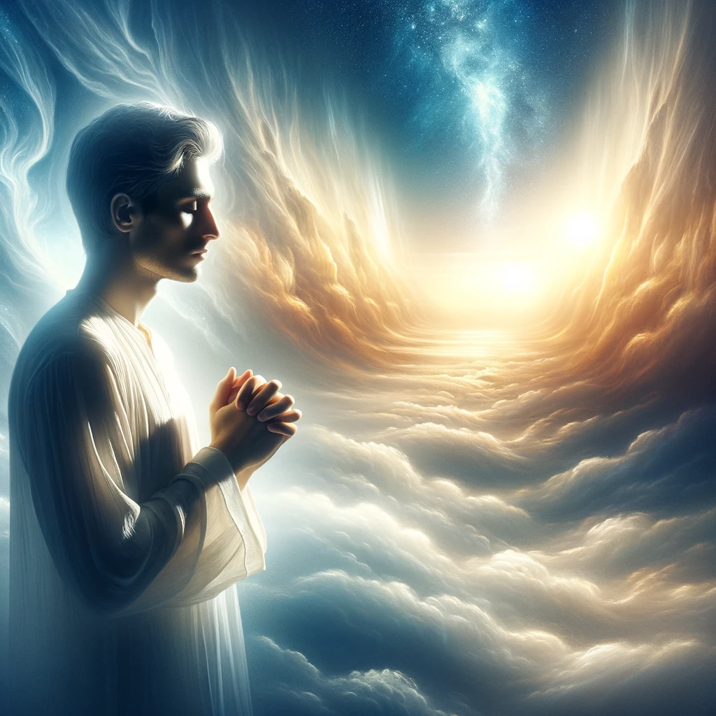 The image above represents the theme of finding strength in one&amp;#39;s faith and the divine. It captures the essence of serenity and power&amp;#44; with the individual&amp;#39;s connection to a higher power beautifully illustrated through the use of celestial light and a tranquil expression.