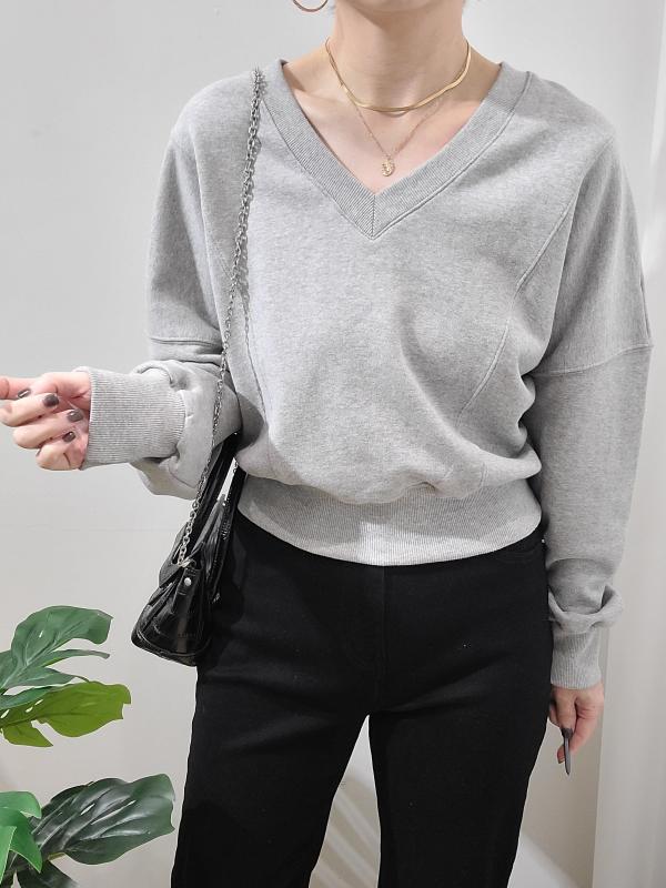 가을 세미크롭 숏 쭈리 절개 브이넥 맨투맨