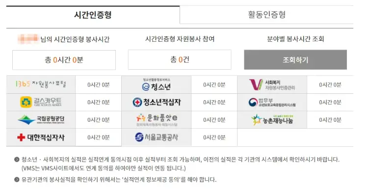 1365자원봉사포털-봉사시간-실적확인화면