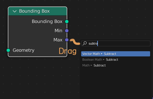 Bounding Box 노드 Max 선을 드래그 해서 뺀 후 Subtract 검색할 때