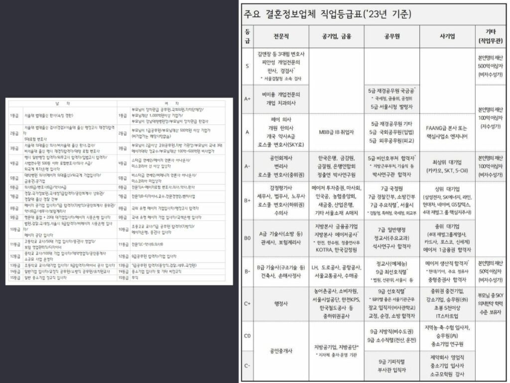 결혼정보회사 회원 등급표, 결정사 회원 등급표 찌라시 총정리