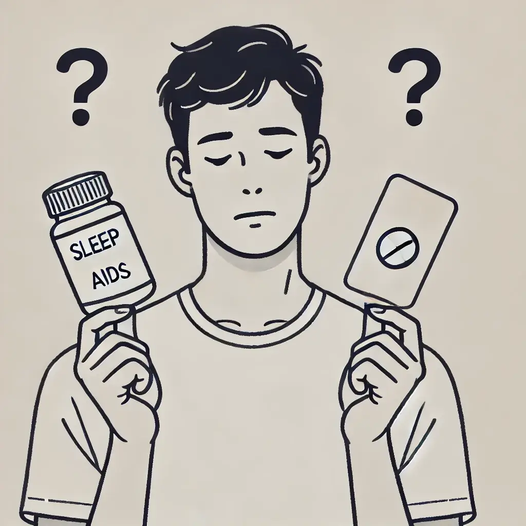 수면 보조제 두 개를 들고 고민하는 남자의 모습.