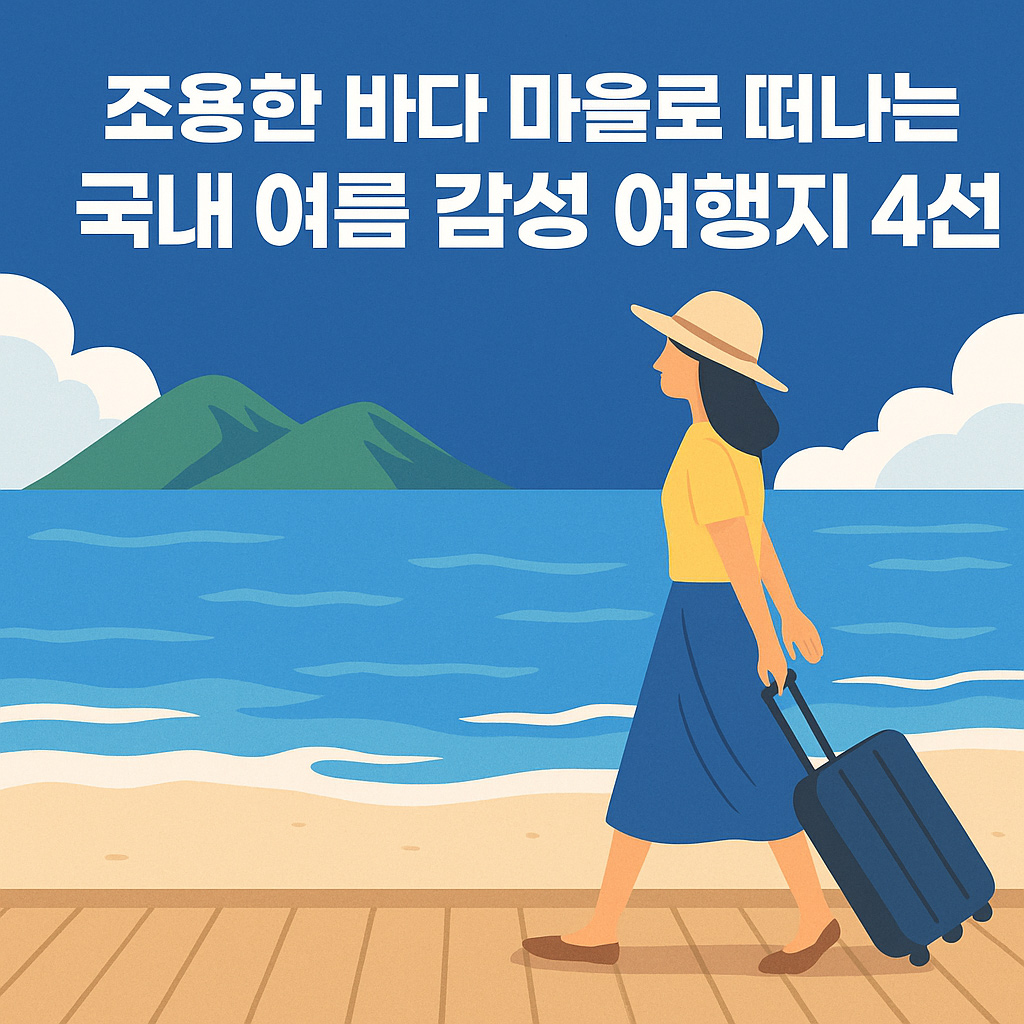 여름철 조용한 국내 바다 마을을 배경으로 한 감성적인 일러스트 썸네일 이미지. 잔잔한 해변과 푸른 하늘, 여행자가 평화롭게 산책하는 모습이 표현됨.
