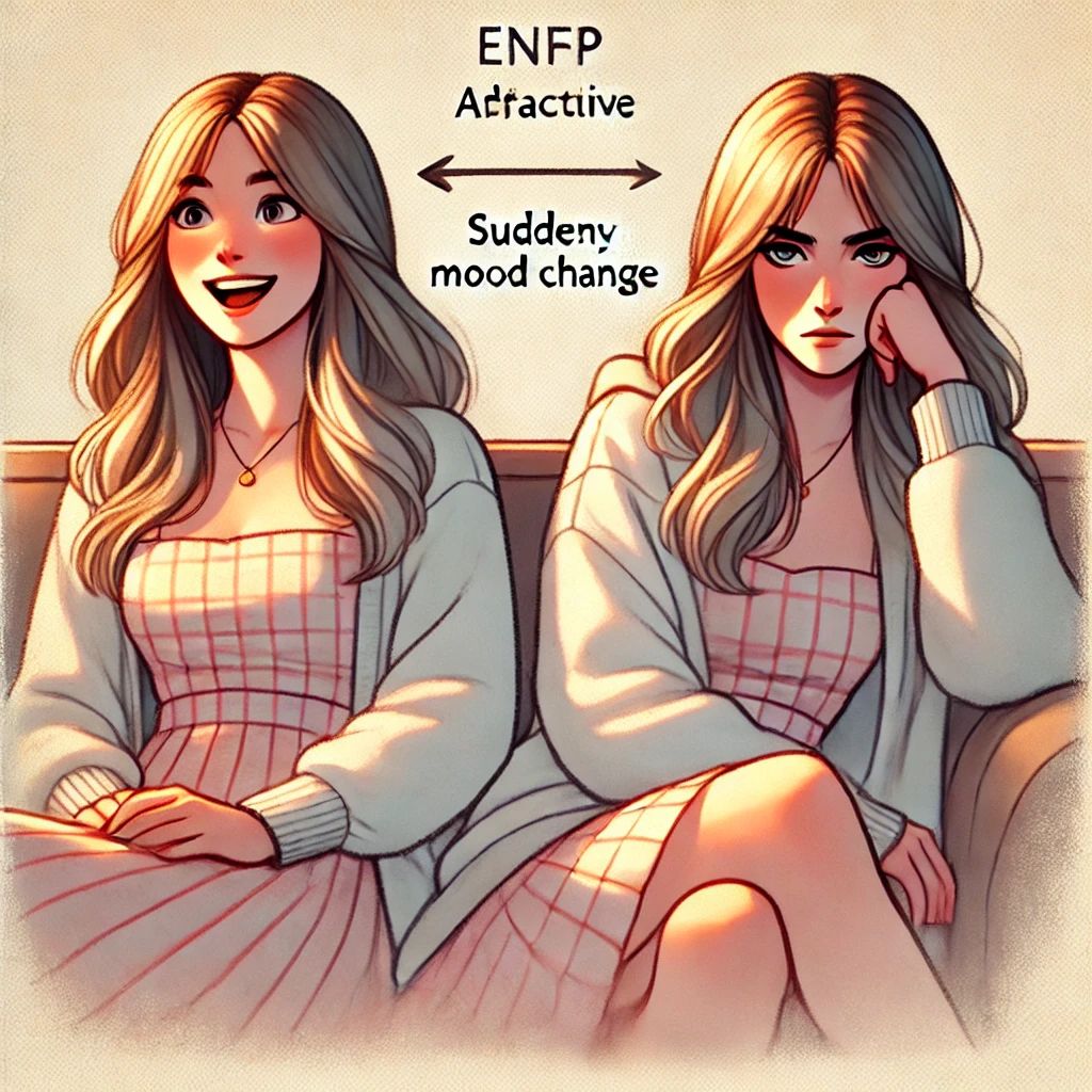 연인과 함께 앉아 있다가 감정이 변하는 ENFP 여성. 밝고 애정 어린 모습에서 갑자기 사색적인 표정으로 변하는 장면