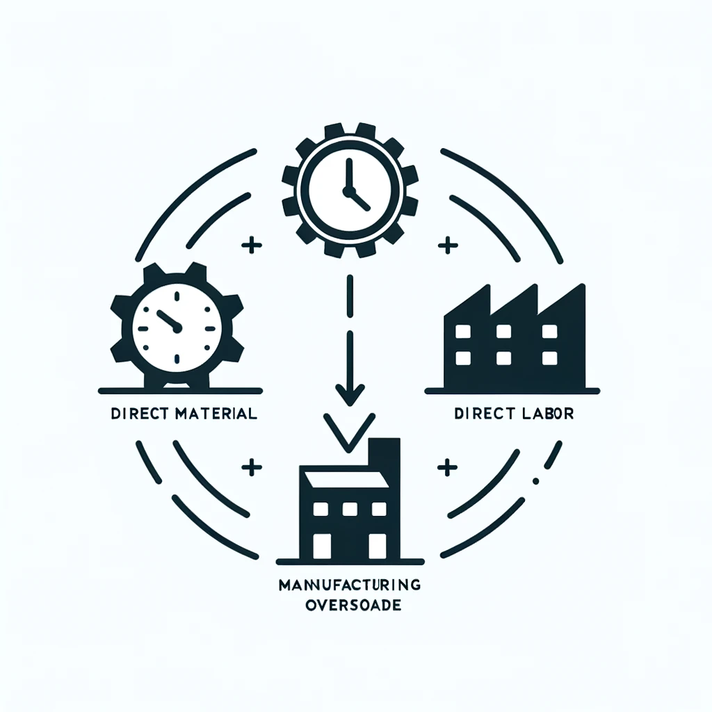 The image features minimalistic symbols to depict the key elements: a gear for direct material&#44; a clock for direct labor&#44; a factory building for fixed manufacturing overhead&#44; and a fluctuating arrow for variable manufacturing overhead.