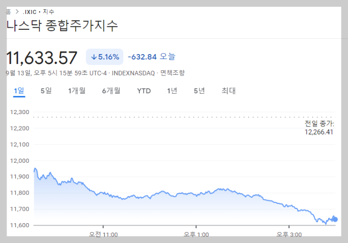 나스닥은 CPI지수 발표 후 약 5.2% 하락