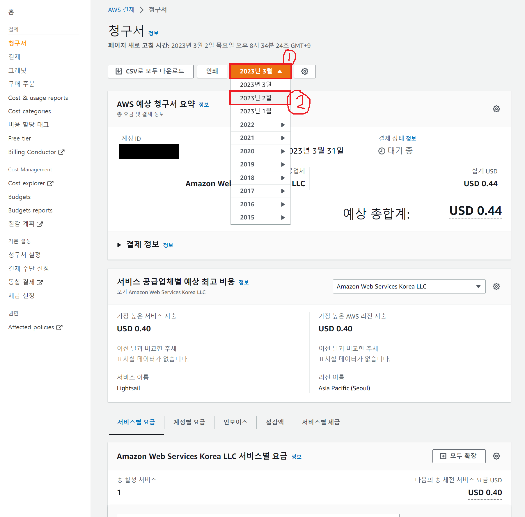 아마존 Lightsail 청구서 화면