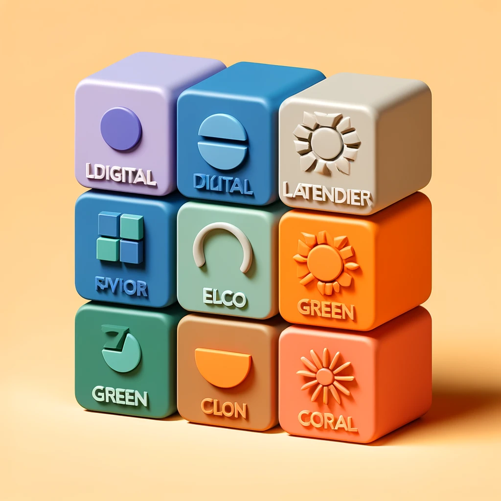 A 3D miniature style image featuring symbolic and simple representations of the trending colors for 2025.