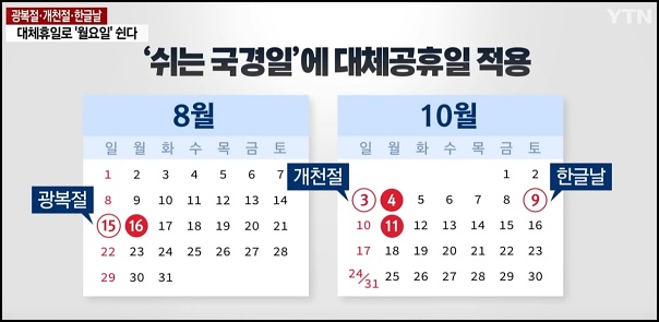 2021 휴일 대체 공휴일 광복절 개천절 한글날 3