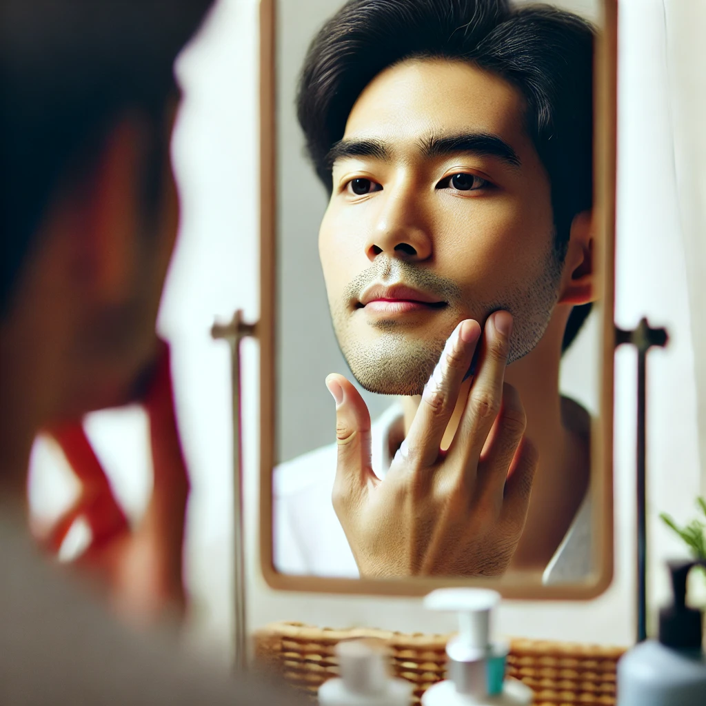 거울을 보며 피부 타입을 확인하는 사람의 모습