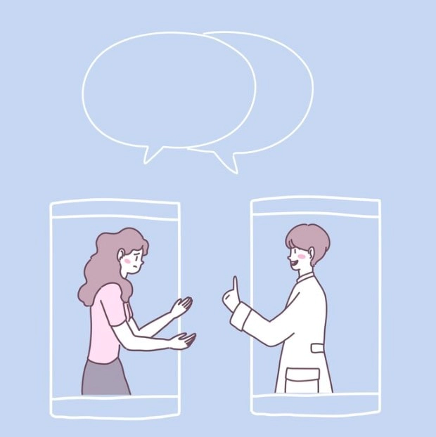 스마트폰으로 대화하는 모습을 상징하는 일러스트