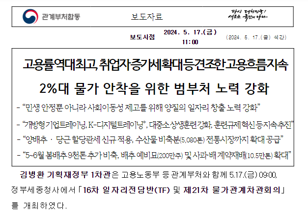  고용률 역대 최고, 취업자 증가세 확대 등 견조한 고용흐름 지속 2%대 물가 안착을 위한 범부처 노력 강화