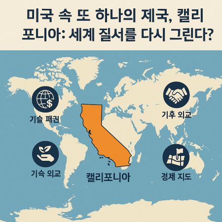세계 지도 위에 국가처럼 강조된 캘리포니아와 기술 패권, 기후 외교, 경제 질서 등의 아이콘이 배치된 인포그래픽