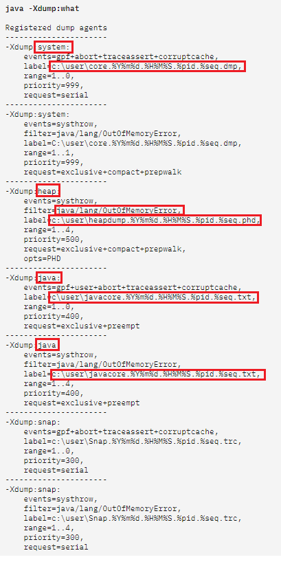  AIX dump 파일 저장 위치 변경(' java -Xdump:what'으로 현재설정 보기)