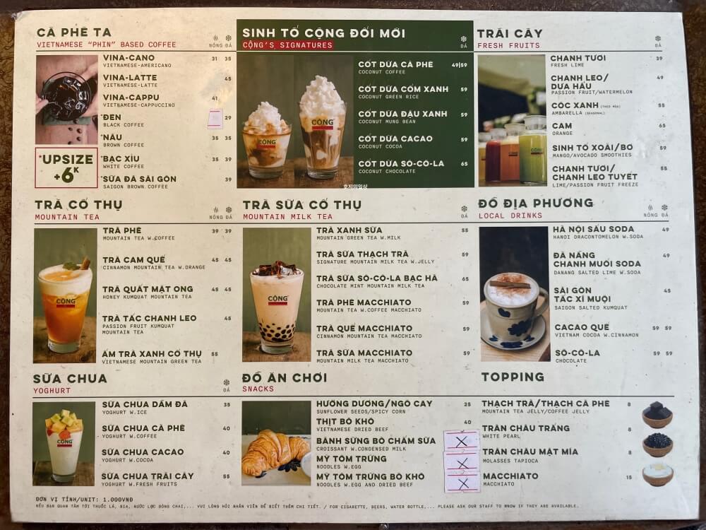 나트랑 코코넛 커피 맛집 콩 카페 - 칸호아 매장 메뉴판