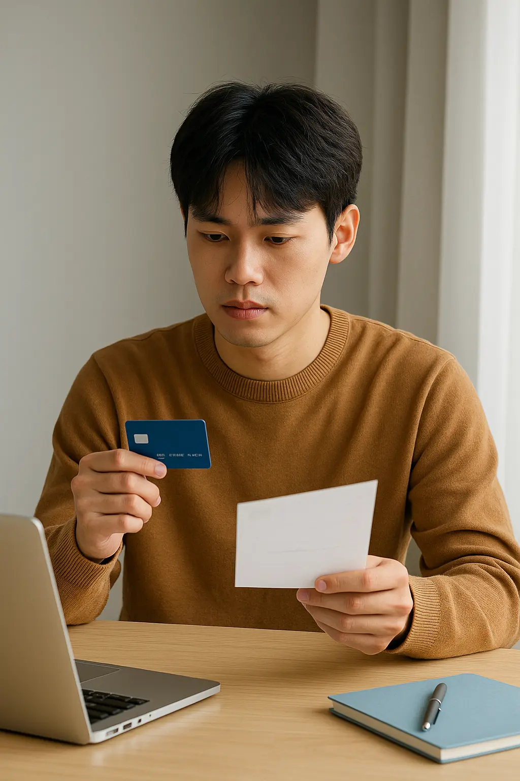 신용카드를 처음 선택하는 20대 청년이 카드와 서류를 들고 고민하는 모습