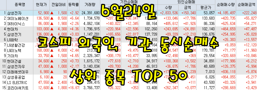  6월24일 코스피/코스닥 외국인, 기관 동시 순매수/순매도 상위 종목 TOP 50