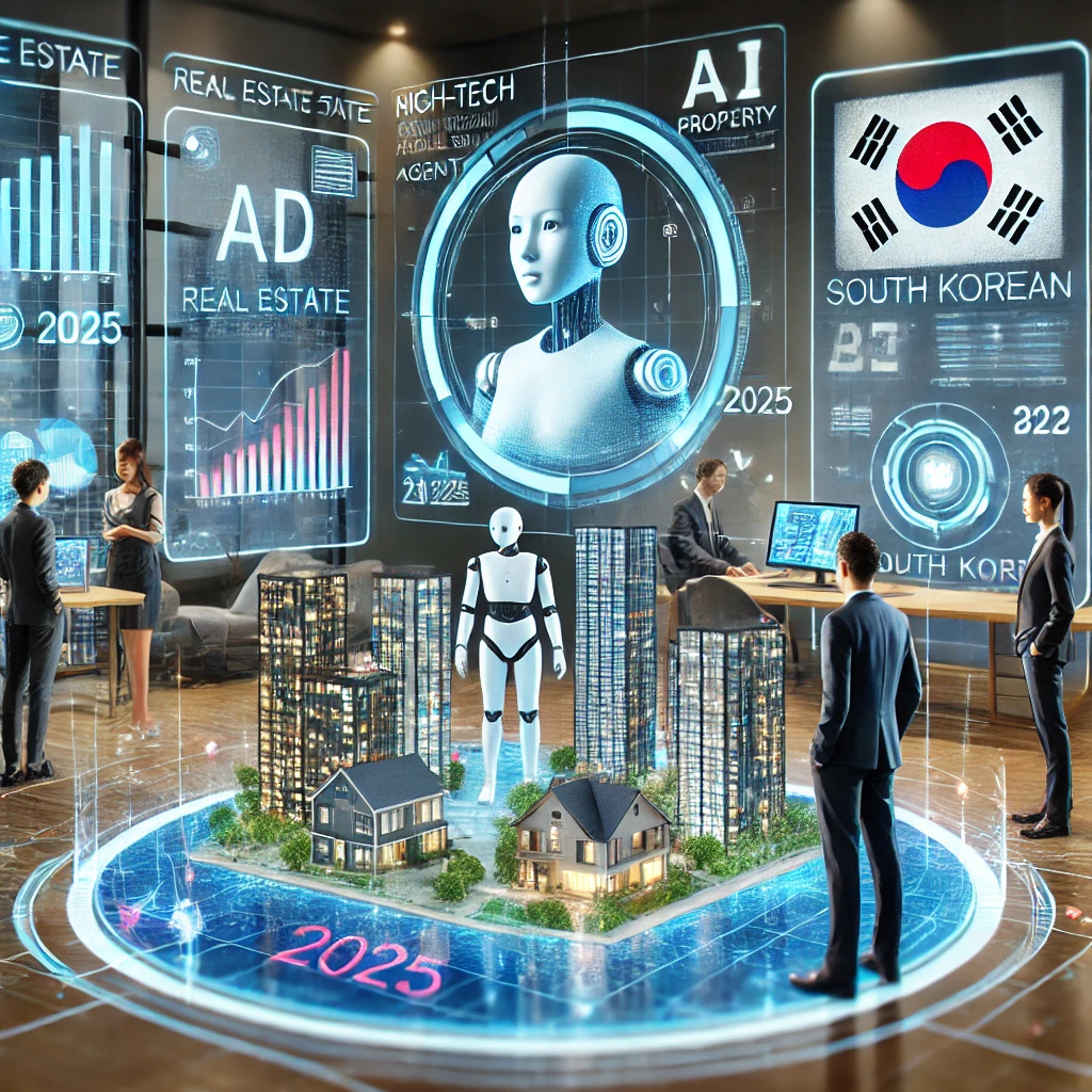 VR, AI, 홀로그램 기술이 결합된 2025년 한국의 최첨단 디지털 부동산 시장.