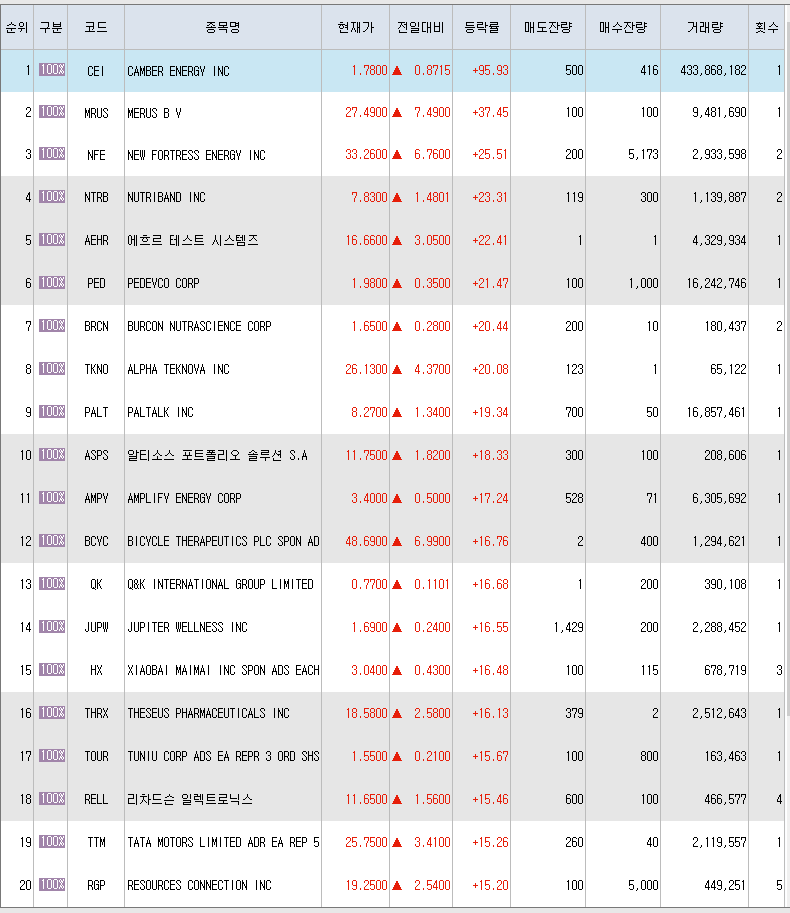  10월7일 미국주식 상승률 상위 종목 TOP 300