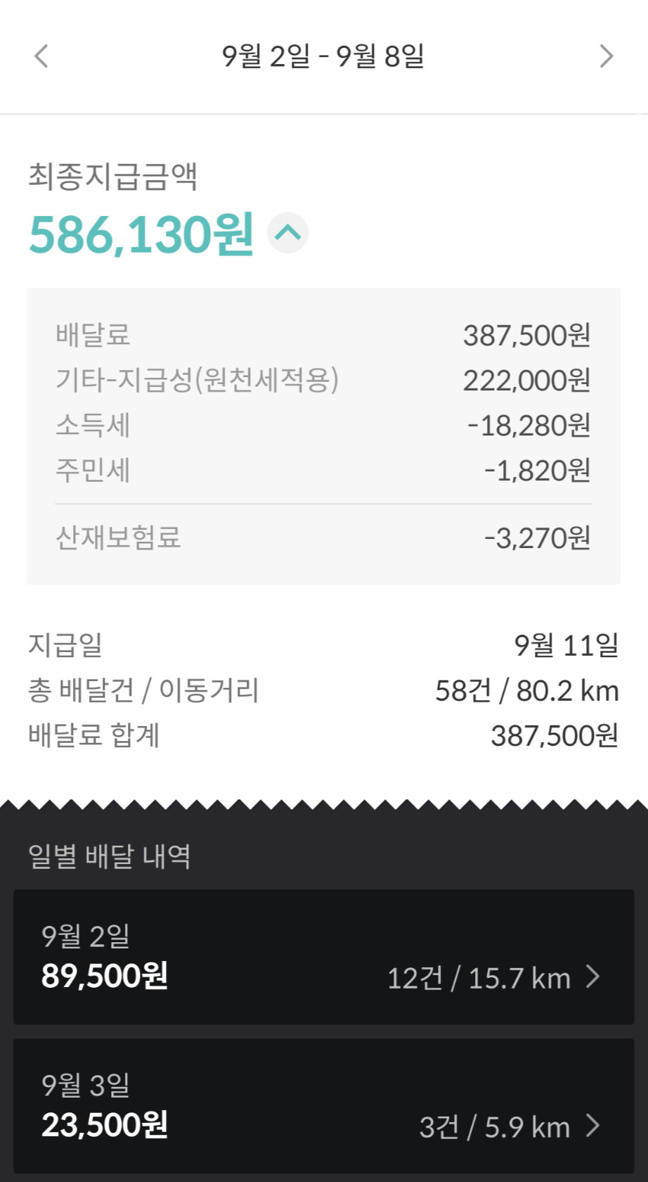  9월 1주차 배민커넥트 수입 정산 내역