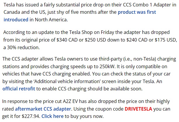 테슬라는 CCS 어댑터 가격을 30%인하했다.