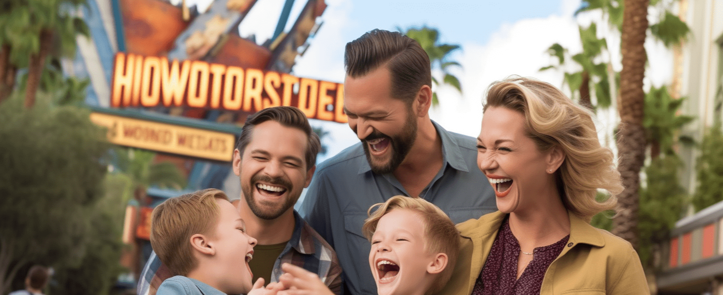 Photos of excited children and happy parents inside the theme park.