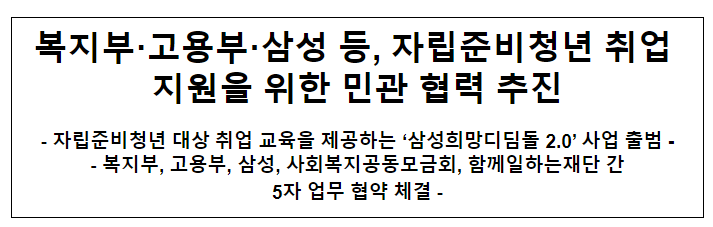  복지부·고용부·삼성 등, 자립준비청년 취업 지원을 위한 민관 협력 추진
