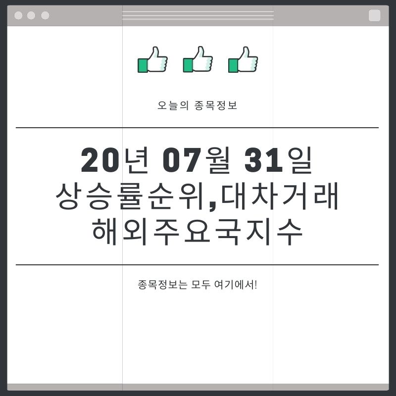  20년 07월 31일 주요국지수및 대차거래와 오늘의 상승순위
