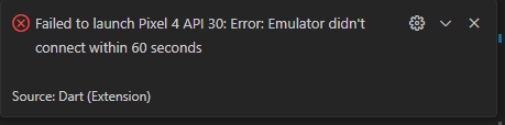 Failed to launch Pixel 4 API 30: Error: Emulator didn&#39;t connect within 60 seconds 에러가 발생한 화면 캡처