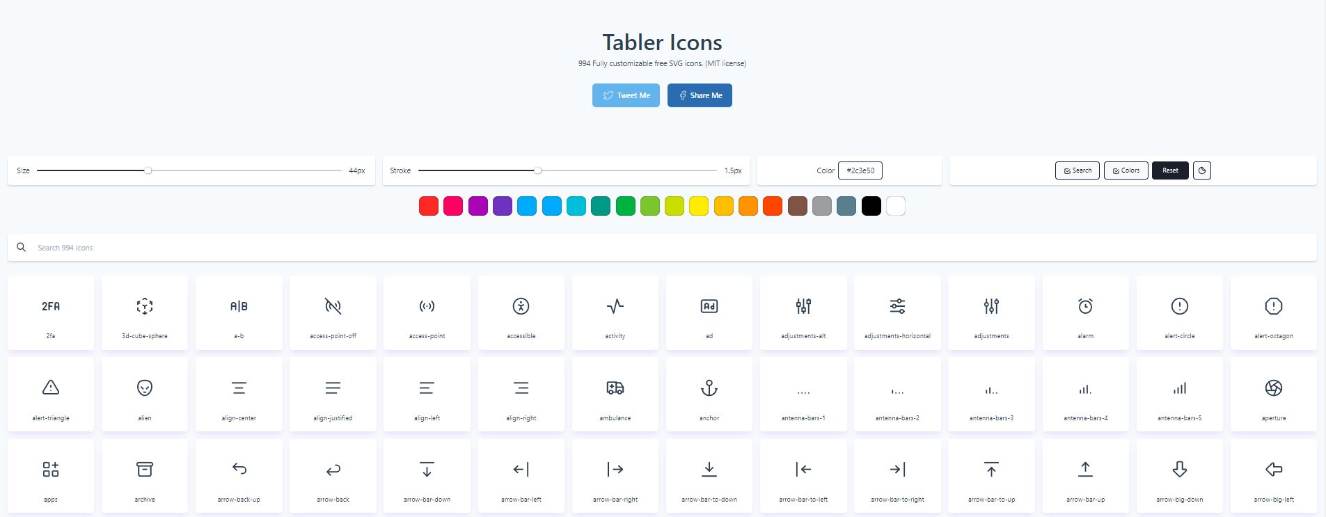 screenshot of Tabler Icons website