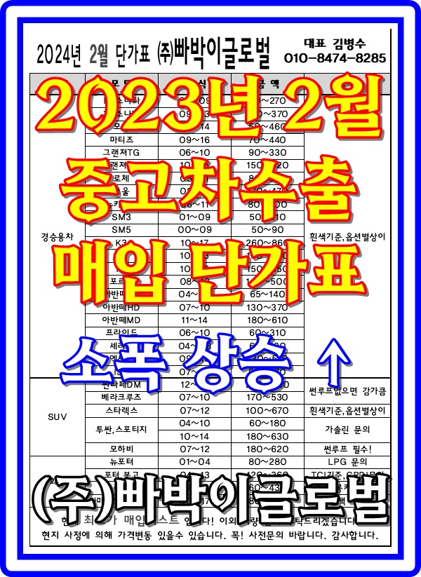  2024년 2월 중고차수출 단가표 및 시장동향 차종별 시세