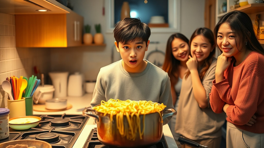 젊은 시절, 부엌에서 냄비 바닥에 눌어붙은 쫄면을 보고 망연자실한 표정을 짓는 모습. 주변 친구들은 안타까워하거나 웃는 모습. 코믹한 상황.