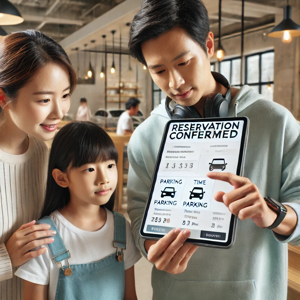 키즈카페 예약 확인 중인 가족