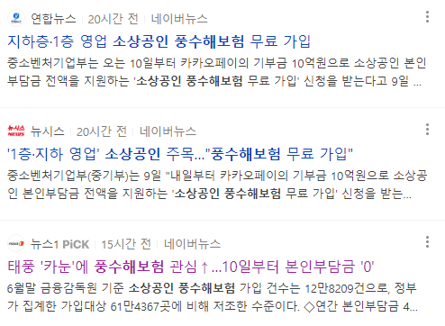 소상공인 풍수해보험 관련 뉴스 기사들