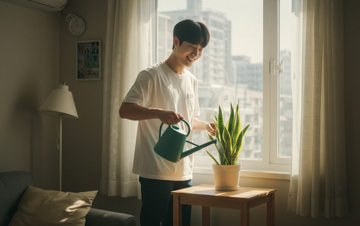 식물 초보자가 반려식물에 물을 주는 사진