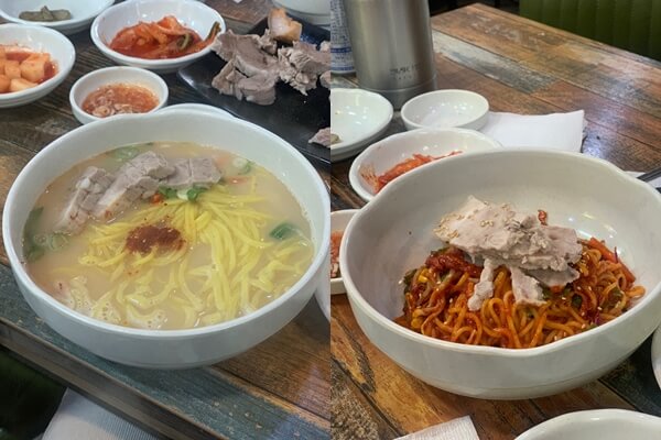 왼쪽-고기국수-하얀국물-오른쪽-비빔국수-빨간양념-둘다-수육이올라가있음