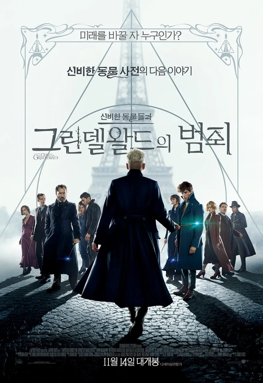 신비한 동물들과 그린델왈드의 범죄 공식 포스터 – 마법사 사회의 갈등과 이념 충돌을 상징하는 장면