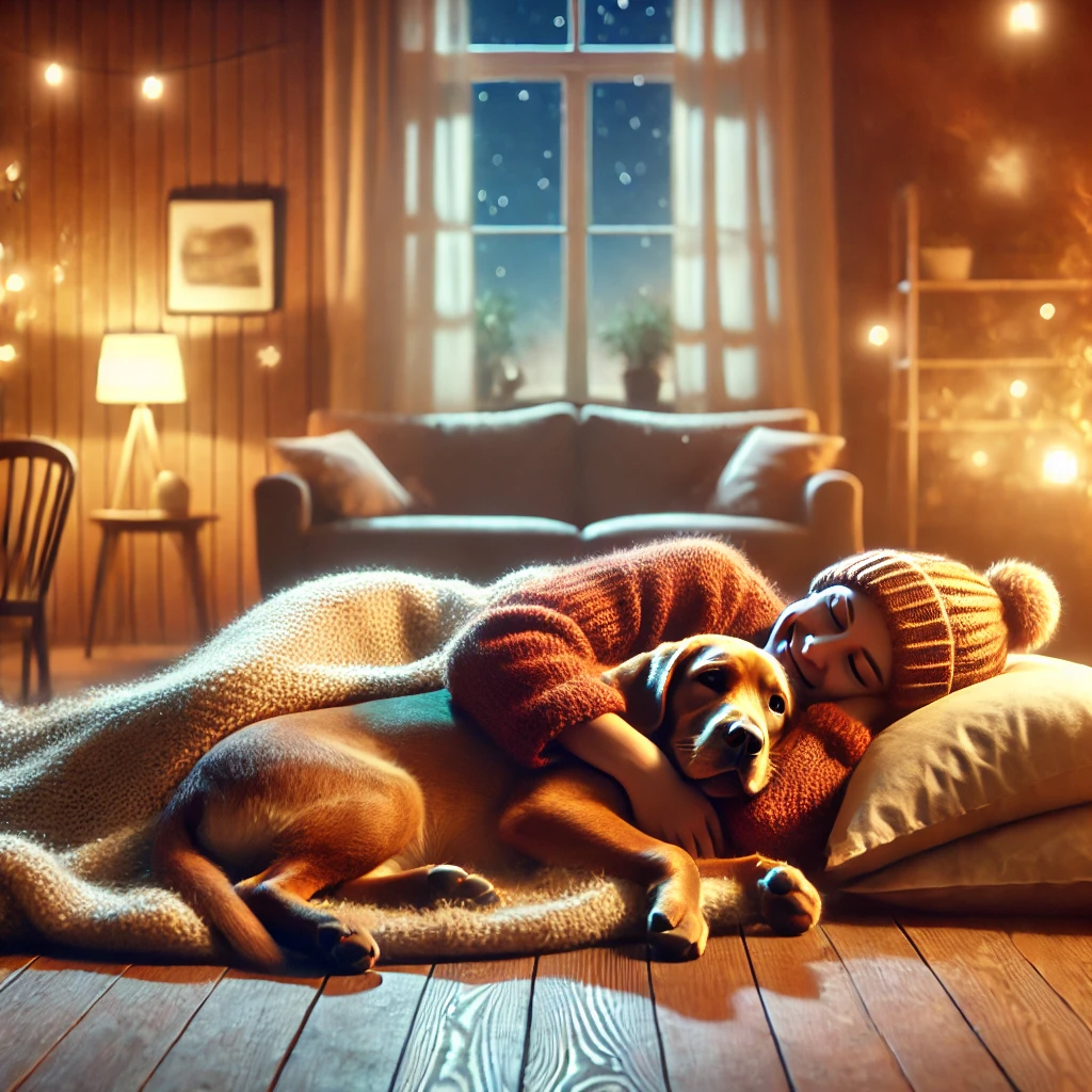 갈색 강아지가 따뜻한 방에서 사람과 함께 껴안고 있는 꿈. 강아지와 사람이 행복하고 만족스러운 표정을 짓고 있으며, 방 안은 부드러운 조명과 따뜻한 색감으로 가득하다